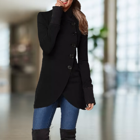 Women's Coat - Wool Blend - High Collar - Buttons - Asymmetric Cut - Elegant Fit