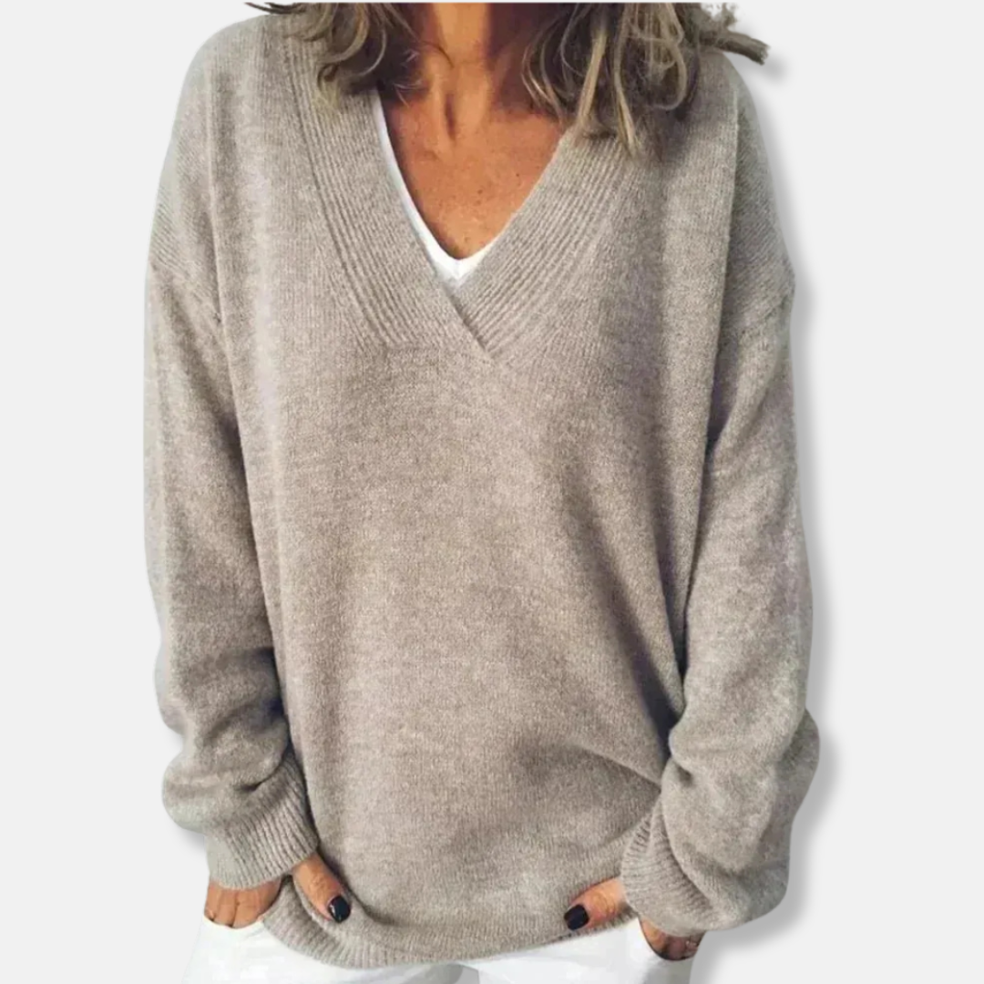 Jessica Wool Oversized V-Neck Sweater | Ribbed Trim Sweater