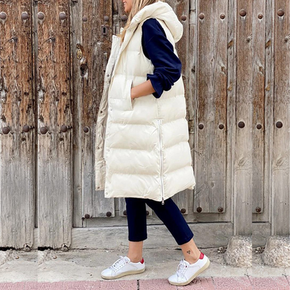 Women's Vest with Hood – Quilted and Padded – Oversized Fit – Long Sleeveless Model