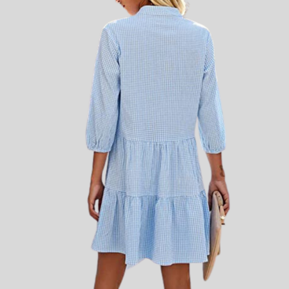 Dress for Women – Cotton – Checkered Pattern – Knee-Length – 3/4 Sleeves – V-Neck – Buttons