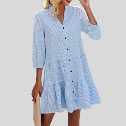 Dress for Women – Cotton – Checkered Pattern – Knee-Length – 3/4 Sleeves – V-Neck – Buttons