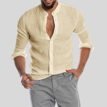 Men's Shirt - Slim Fit - Mandarin Collar - Light and Breathable Linen Blend - Long Sleeves