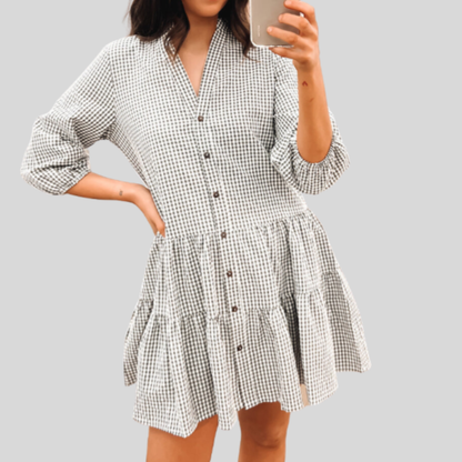 Dress for Women – Cotton – Checkered Pattern – Knee-Length – 3/4 Sleeves – V-Neck – Buttons
