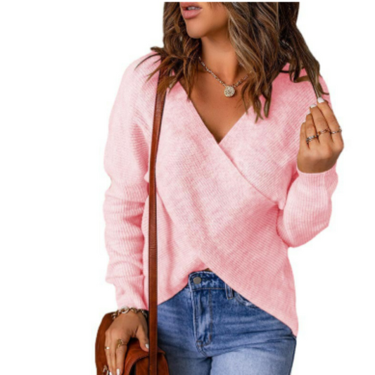 Women's Sweater – Relaxed Fit – Crossed Front – Ribbed Long Sleeve