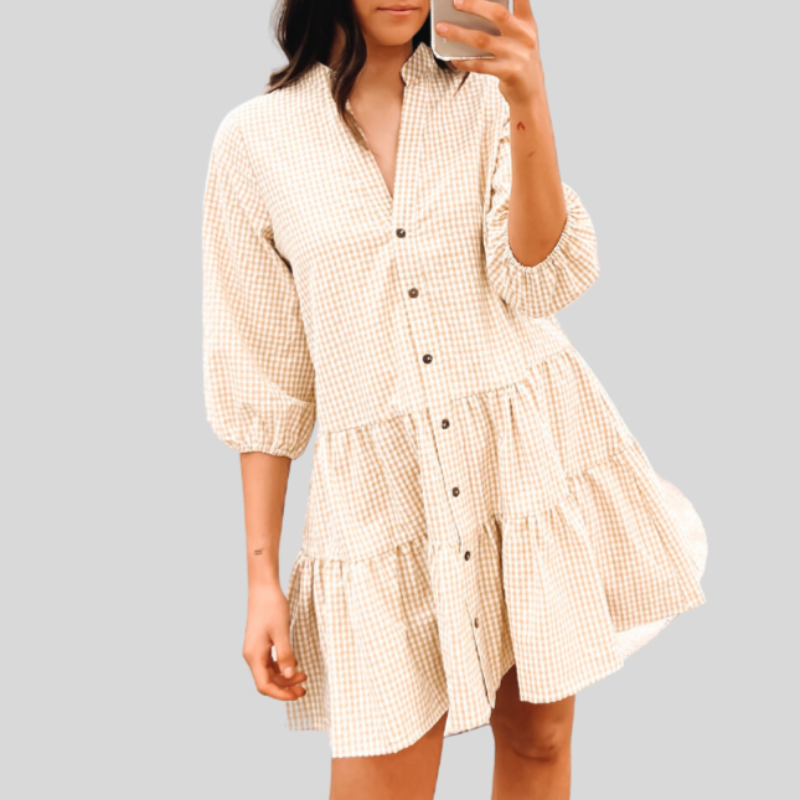 Dress for Women – Cotton – Checkered Pattern – Knee-Length – 3/4 Sleeves – V-Neck – Buttons