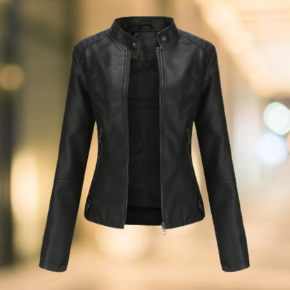 Women's Leather Jacket – Slim Fit – Stand Collar – Zipper Closure – Hip Length