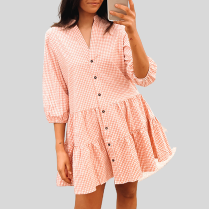 Dress for Women – Cotton – Checkered Pattern – Knee-Length – 3/4 Sleeves – V-Neck – Buttons