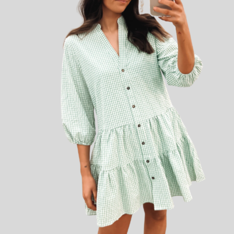 Dress for Women – Cotton – Checkered Pattern – Knee-Length – 3/4 Sleeves – V-Neck – Buttons