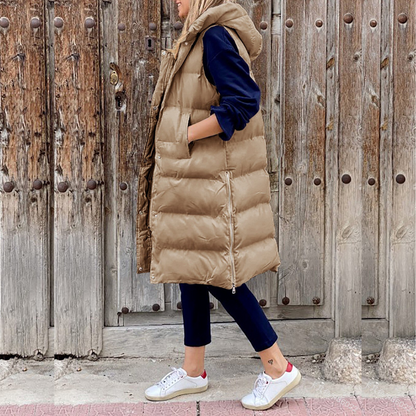 Women's Vest with Hood – Quilted and Padded – Oversized Fit – Long Sleeveless Model