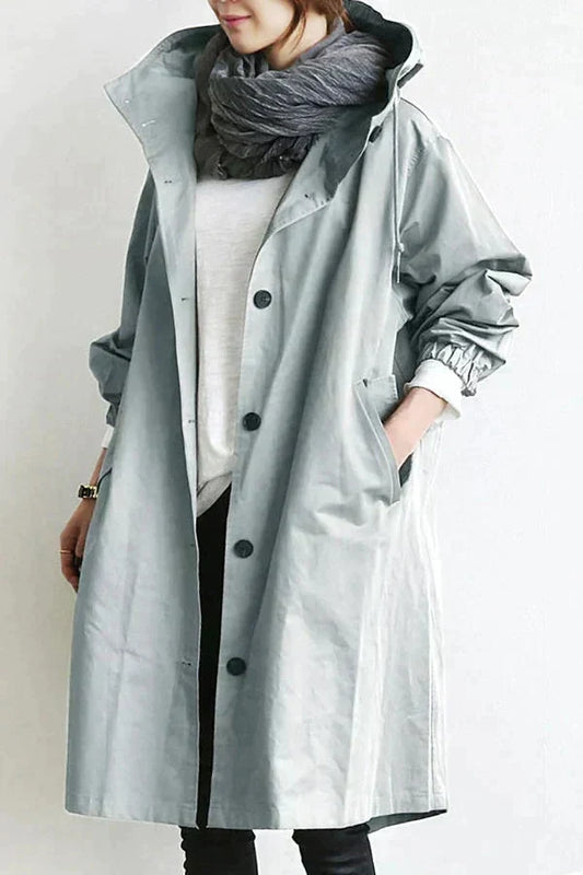 Dame Trenchcoat - Lang Passform - Hette og Knapper - Justerbare Mansjetter - Lommer