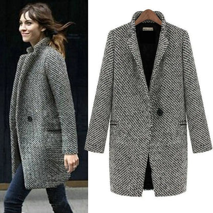 Women's Houndstooth Coat - Wool Blend - Classic Cut - Midi Length - Button Closure