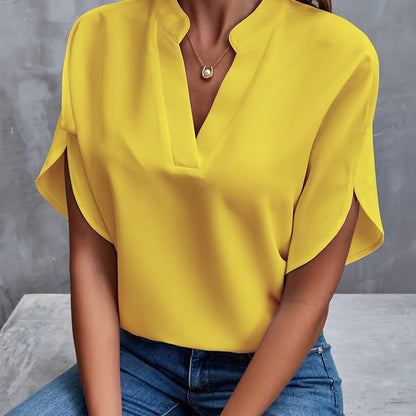 Women's Blouse – Relaxed Fit – Luxurious Fabric – V-neck with Cutout – Flare Sleeve