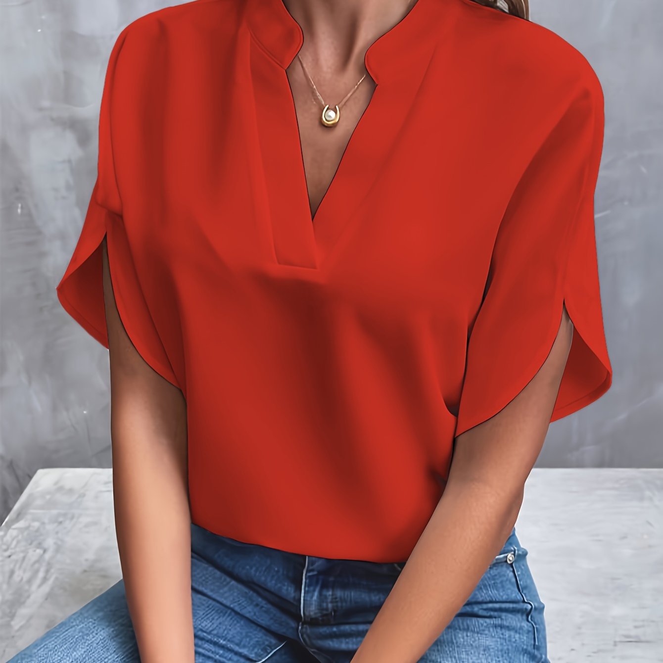 Women's Blouse – Relaxed Fit – Luxurious Fabric – V-neck with Cutout – Flare Sleeve
