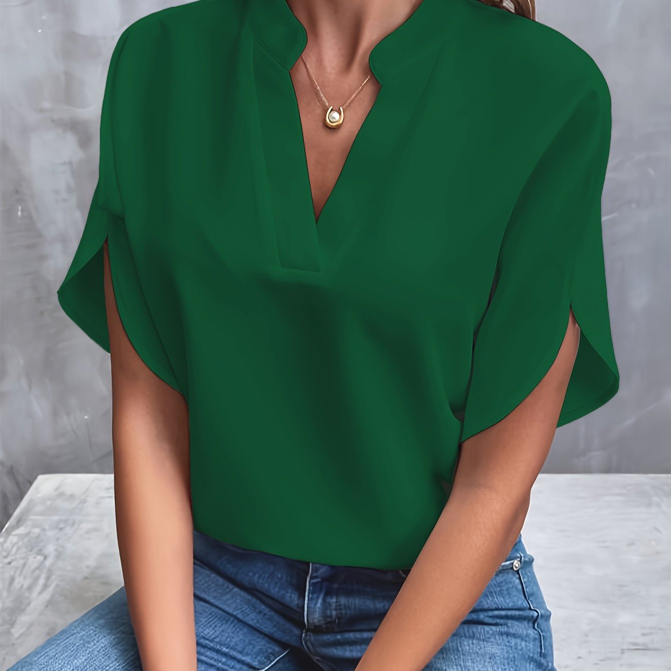 Women's Blouse – Relaxed Fit – Luxurious Fabric – V-neck with Cutout – Flare Sleeve