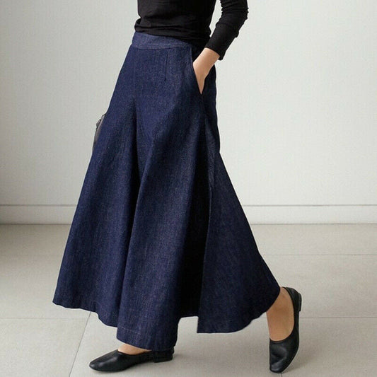 Dame Denim Maxiskjørt - Høyt Liv - Vid Passform - Elegant og Komfortabel