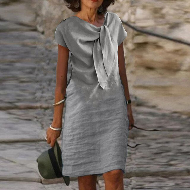 Dress for Women – Mini Length – Relaxed Fit – Short Sleeve – Statement Bow