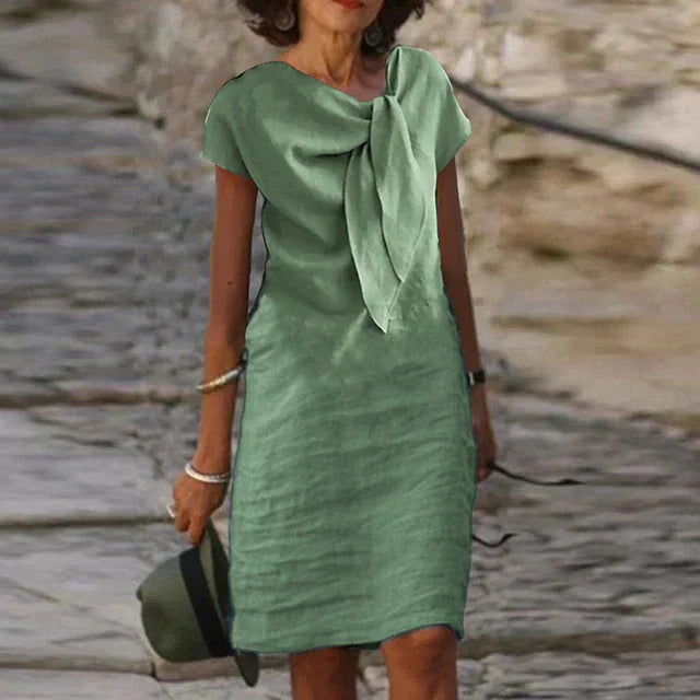 Dress for Women – Mini Length – Relaxed Fit – Short Sleeve – Statement Bow