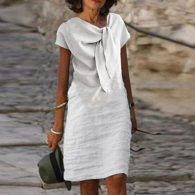 Dress for Women – Mini Length – Relaxed Fit – Short Sleeve – Statement Bow