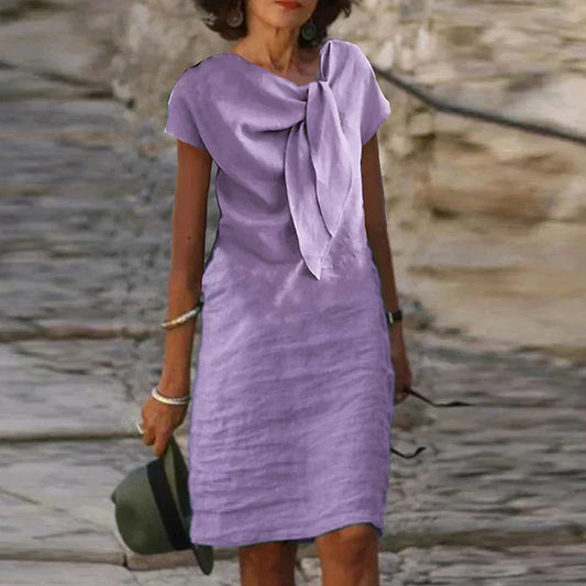 Dress for Women – Mini Length – Relaxed Fit – Short Sleeve – Statement Bow