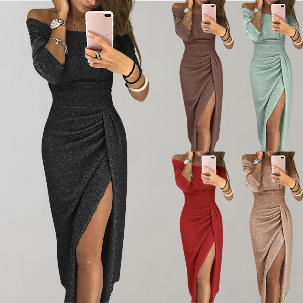Women's Off-Shoulder Dress - Slim Fit - High Slit - Elegant Party Outfit