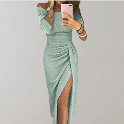 Women's Off-Shoulder Dress - Slim Fit - High Slit - Elegant Party Outfit