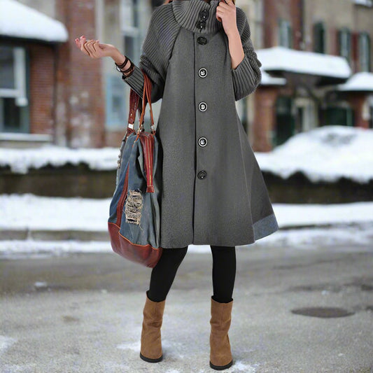 Coat for Women - A-line Wool Blend - High Collar - Knee-length with Buttons