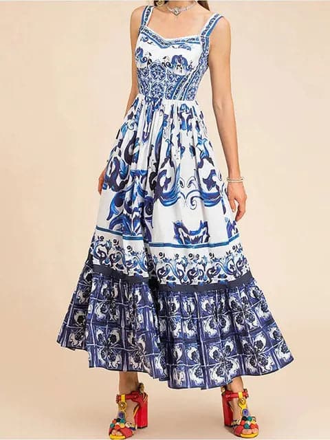 Women's Dress - Sleeveless with Wide Straps - Flattering Fit - Patterned Flowy Skirt