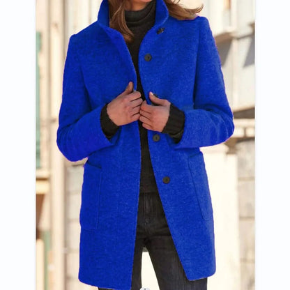 Women's Coat in Wool – Tailored Fit – High Collar – Button Closure – Thigh-Length