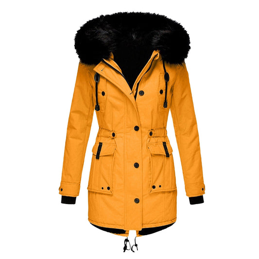 Women's Coat – Tailored Fit – Faux Fur Hood – Waist Drawstring – Mid-Length