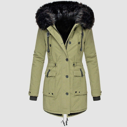 Women's Coat – Tailored Fit – Faux Fur Hood – Waist Drawstring – Mid-Length