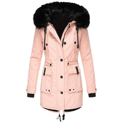 Women's Coat – Tailored Fit – Faux Fur Hood – Waist Drawstring – Mid-Length