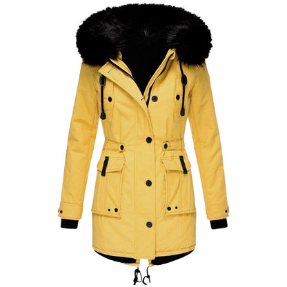 Women's Coat – Tailored Fit – Faux Fur Hood – Waist Drawstring – Mid-Length