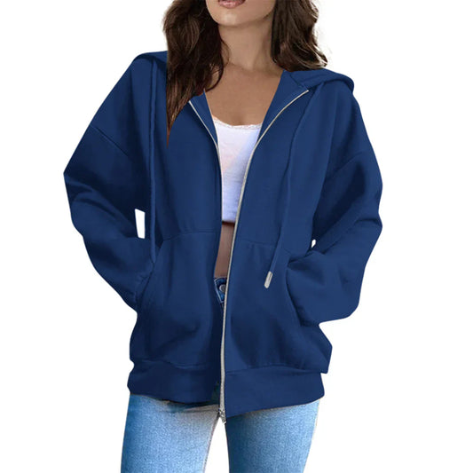 Women's Jacket with Hood – Oversized Fit – Soft Cotton – Zipper and Pockets