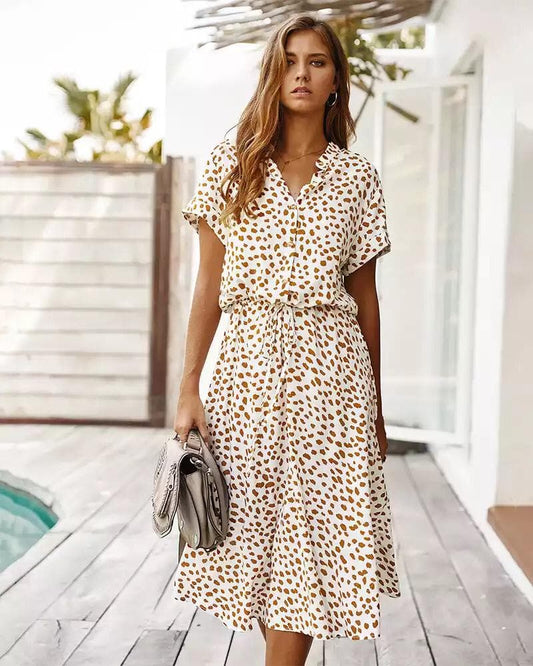 Women's Midi Dress – Short Sleeved – Loose Fit – Buttons and Adjustable Waist