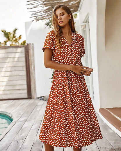 Women's Midi Dress – Short Sleeved – Loose Fit – Buttons and Adjustable Waist