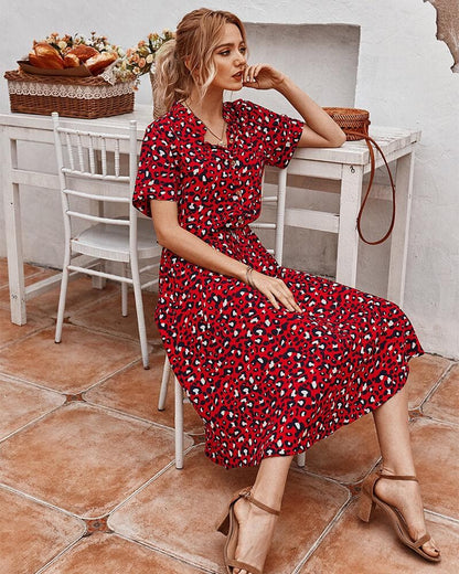 Women's Midi Dress – Short Sleeved – Loose Fit – Buttons and Adjustable Waist