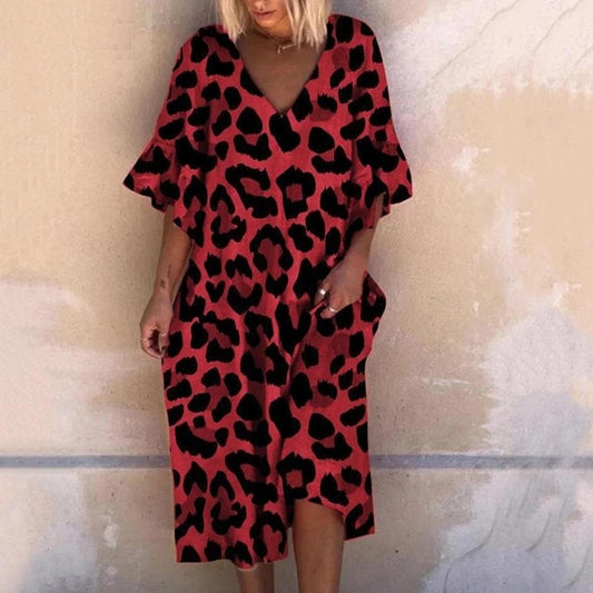Women's Maxi Dress - Loose Fit - Deep V-Neck - Flattering Flowy Design - Animal Print