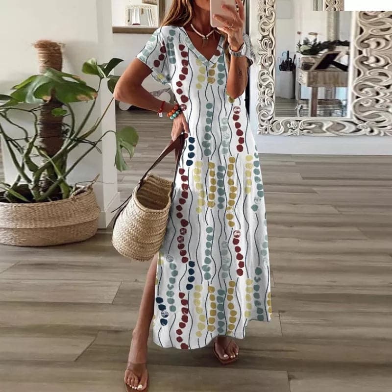 Women's Maxi Dress - V-neck - Short Sleeves - Loose Fit - Side Slit