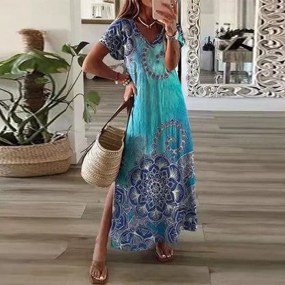 Women's Maxi Dress - V-neck - Short Sleeves - Loose Fit - Side Slit