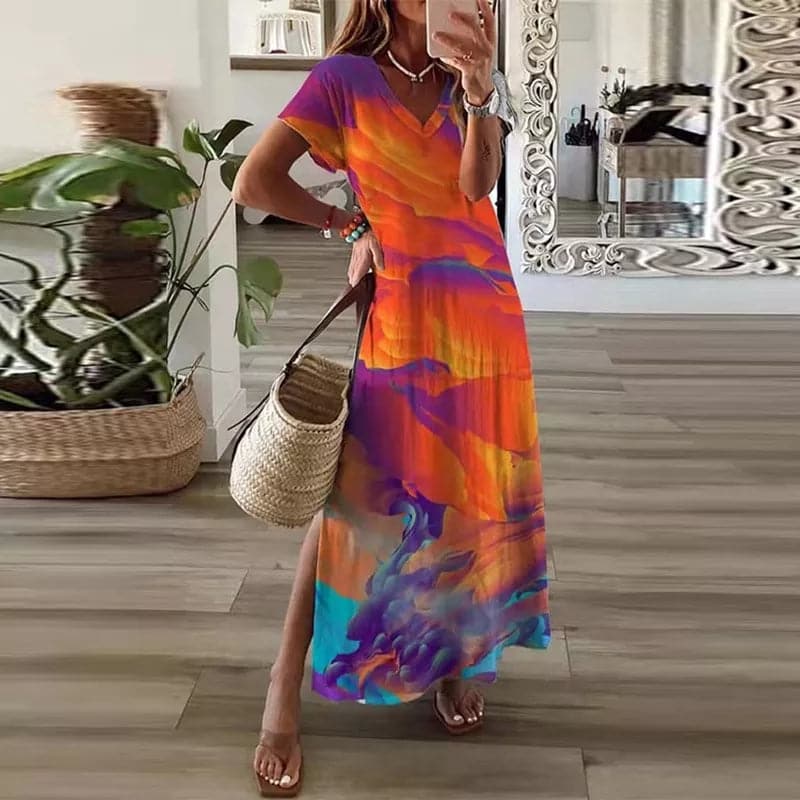Women's Maxi Dress - V-neck - Short Sleeves - Loose Fit - Side Slit