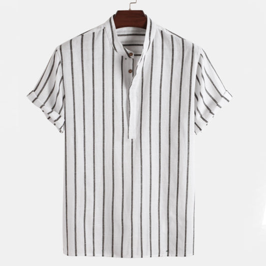 Men's Shirt - Vertical Stripes - Mandarin Collar - Short Sleeve - Breathable Cotton/Linen