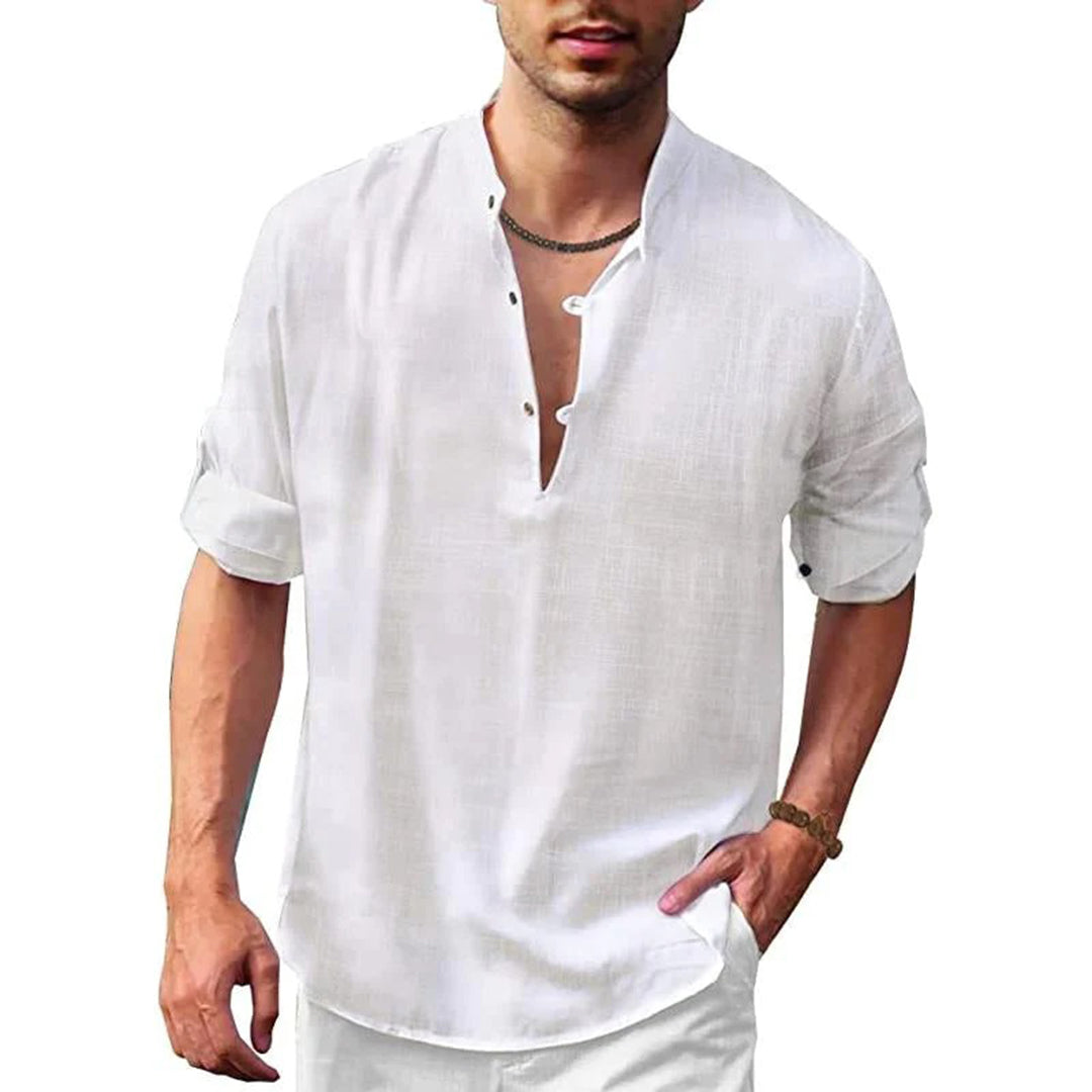 Men's Shirt - Stand Collar - Breathable Fabric - Relaxed Fit - Rolled-Up Sleeves