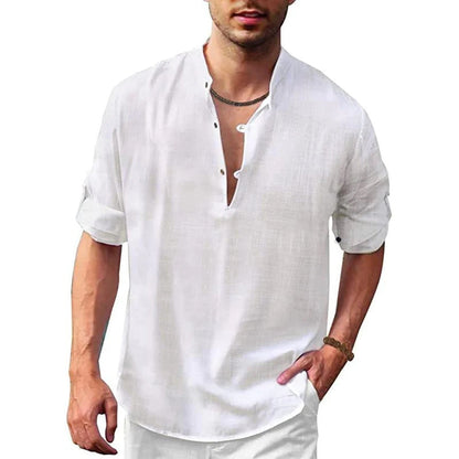 Men's Shirt - Stand Collar - Breathable Fabric - Relaxed Fit - Rolled-Up Sleeves