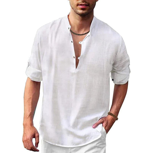 Men's Shirt - Stand Collar - Breathable Fabric - Relaxed Fit - Rolled-Up Sleeves
