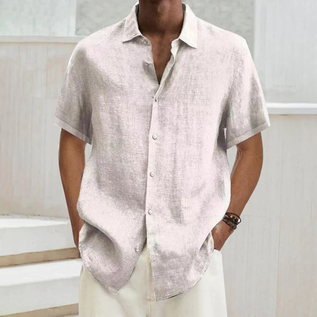 Men's Shirt – Short Sleeve Linen Blend – Regular Fit – Classic Collar – Button Closure