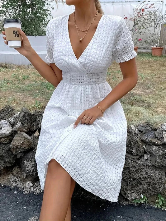 Dress for Women – V-neck Wrap Design – Short Sleeve – Elastic Waist – A-line Cut