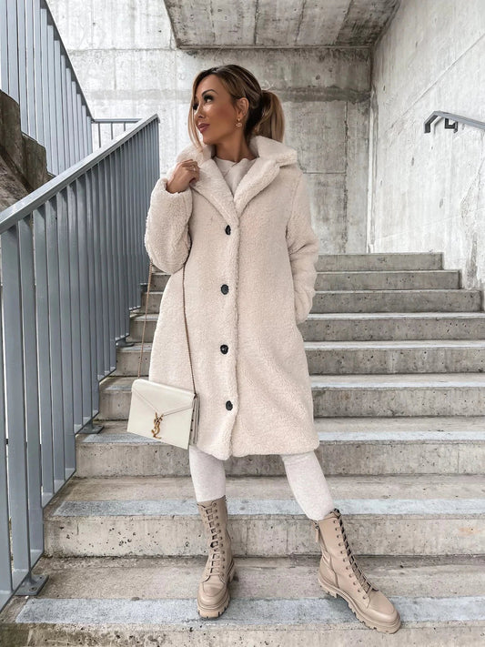 Women's Teddy Coat - Soft and Warm - Relaxed Fit - Mid-Length with Button Closure
