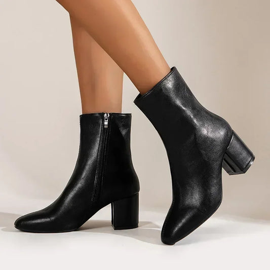 Women's Ankle Boots – Elegant Fit – Pointed Toe – Sturdy Heel – Zipper