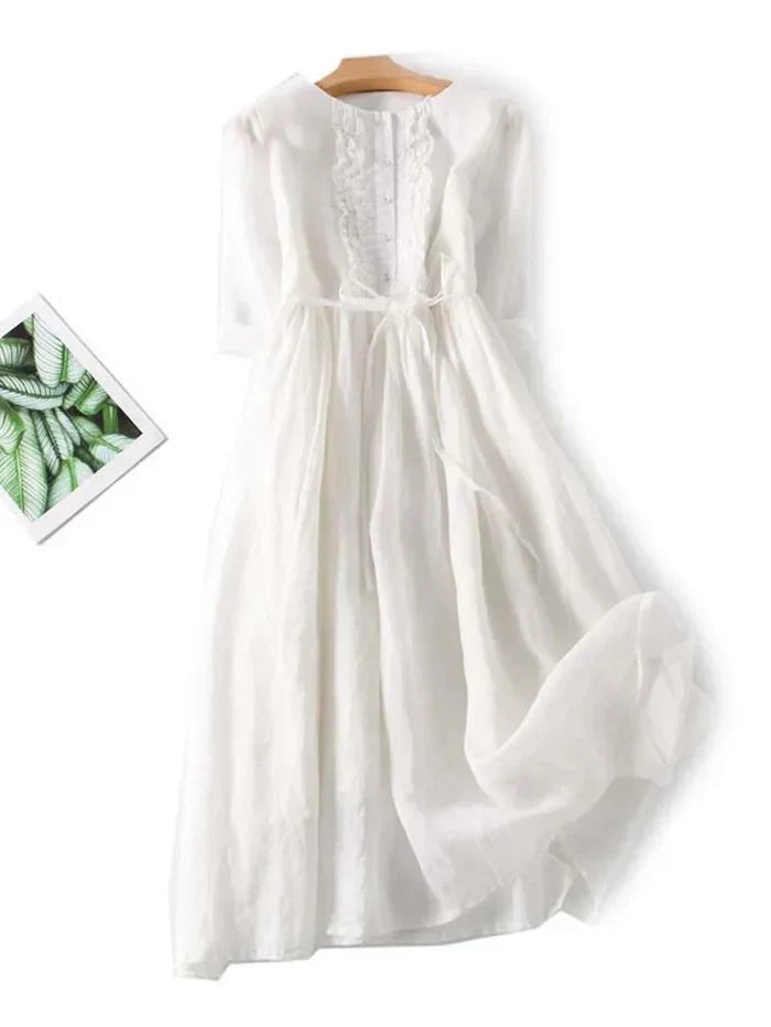 Dress for Women – Midi Length – A-line Fit – Natural Fibers – Buttons and Belt