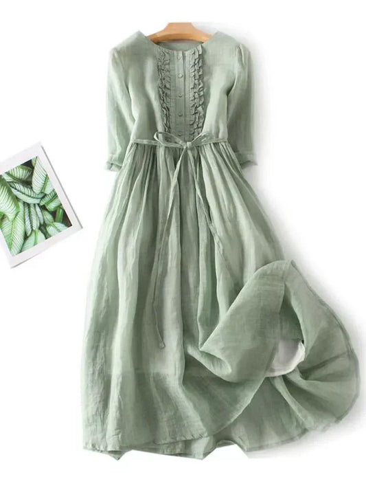 Dress for Women – Midi Length – A-line Fit – Natural Fibers – Buttons and Belt